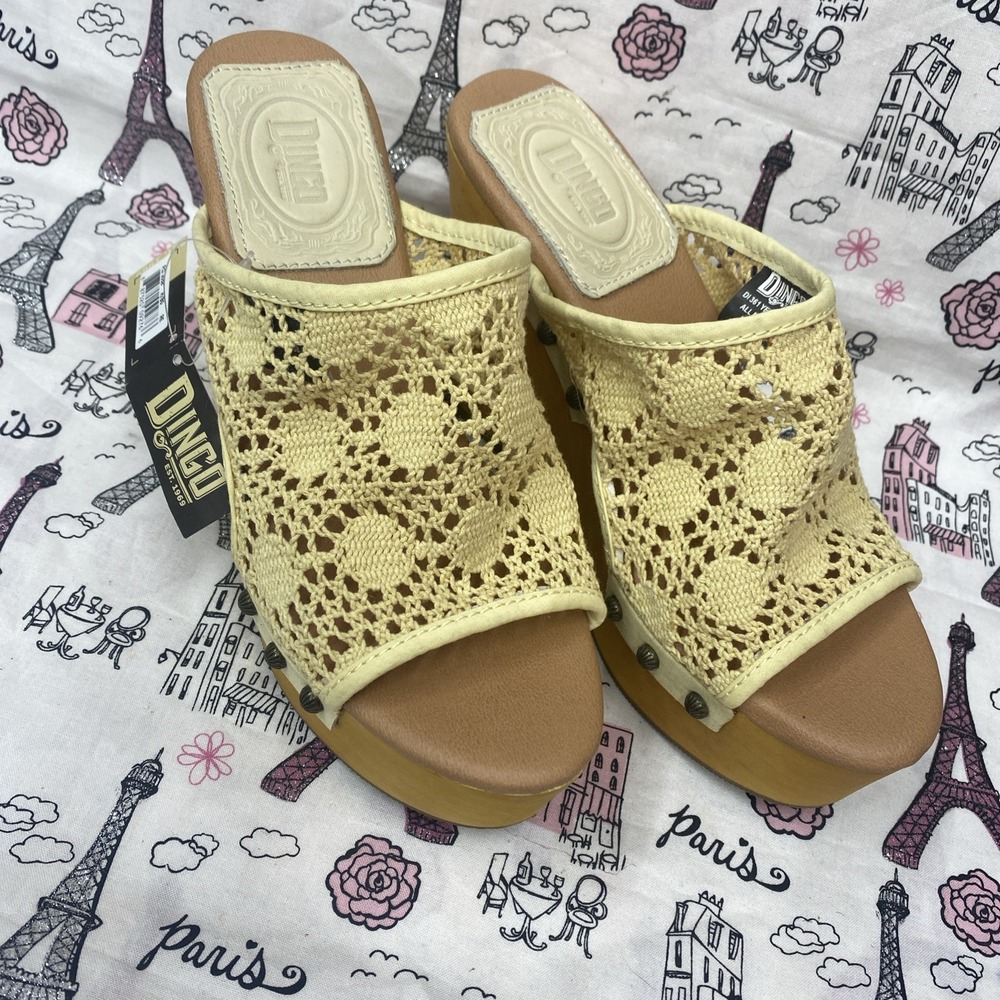 Dingo Crochet Platform Mules Women's Boho Wood Block Heel DI 361 Yellow Size 8M